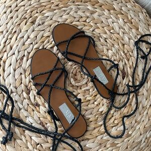 Zara lace-up Black Braided Sandals with Brown Footbed worn twice